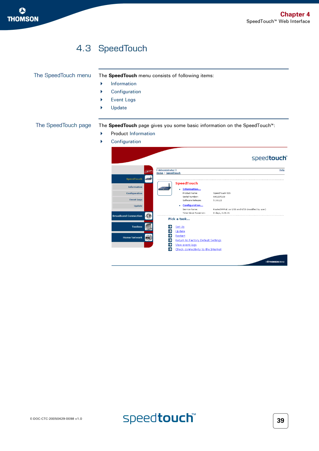 RCA 516 manual SpeedTouch, Information Configuration Event Logs Update 