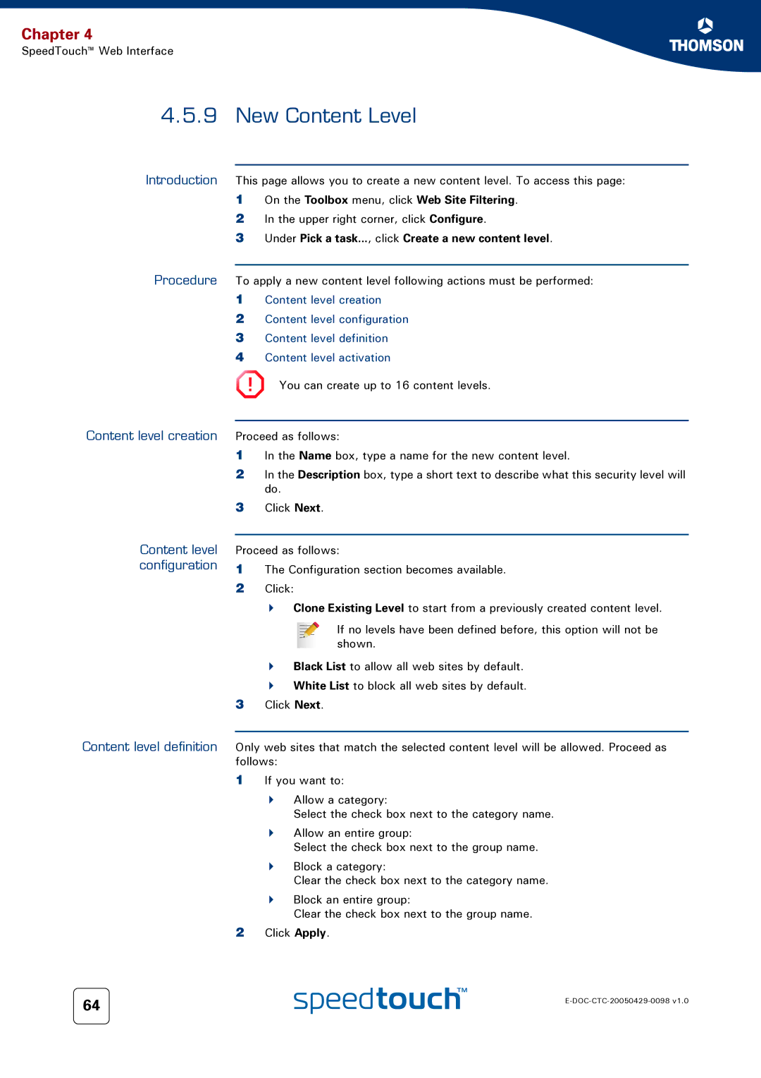 RCA 516 New Content Level, Content level creation Proceed as follows, Content level configuration Content level definition 