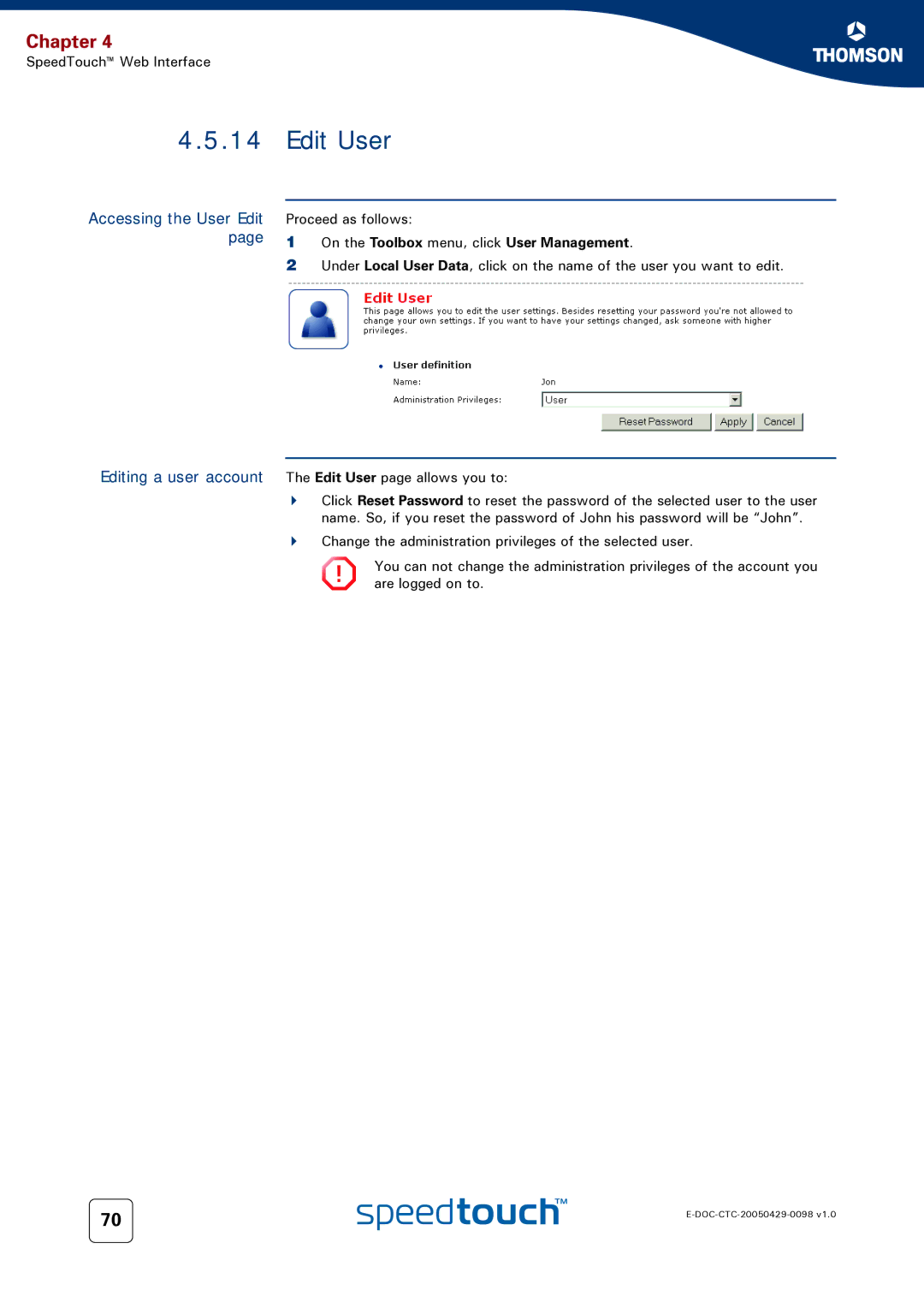 RCA 516 manual Edit User, Accessing the User Edit Editing a user account, On the Toolbox menu, click User Management 