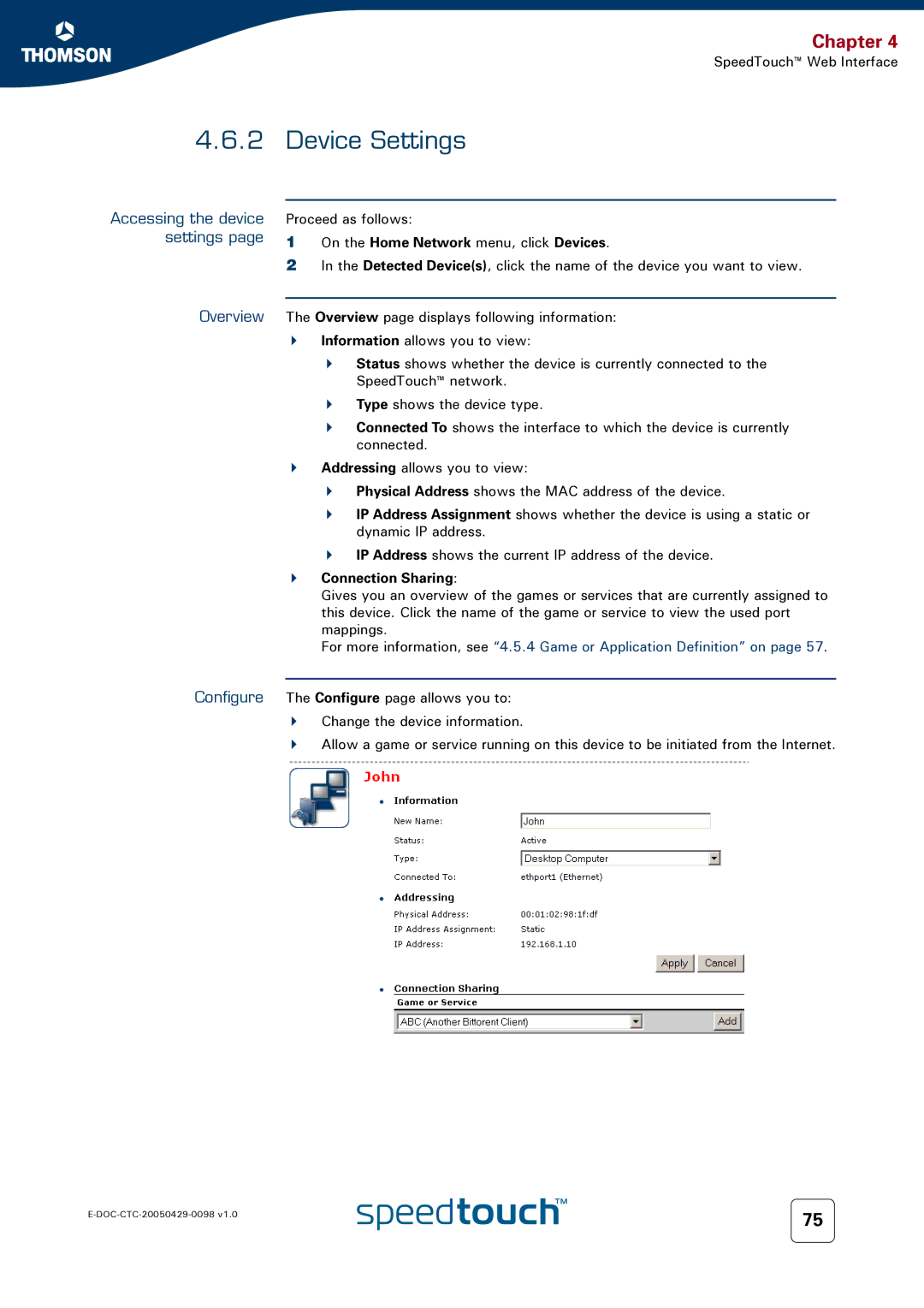 RCA 516 manual Device Settings, Accessing the device settings Overview, Connection Sharing 