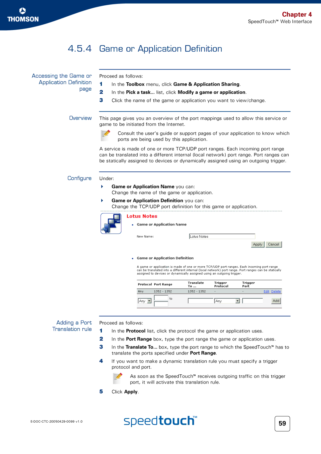 RCA 536 manual Accessing the Game or Application Definition Overview, Configure Under, Adding a Port Translation rule 