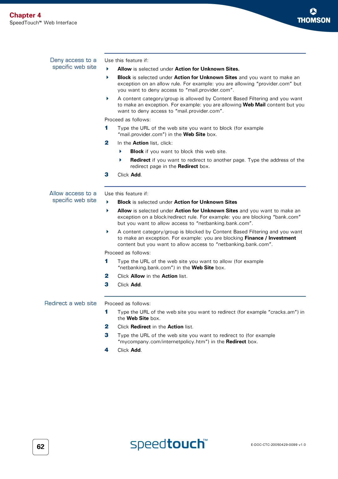 RCA 536 manual Allow is selected under Action for Unknown Sites, Block is selected under Action for Unknown Sites 