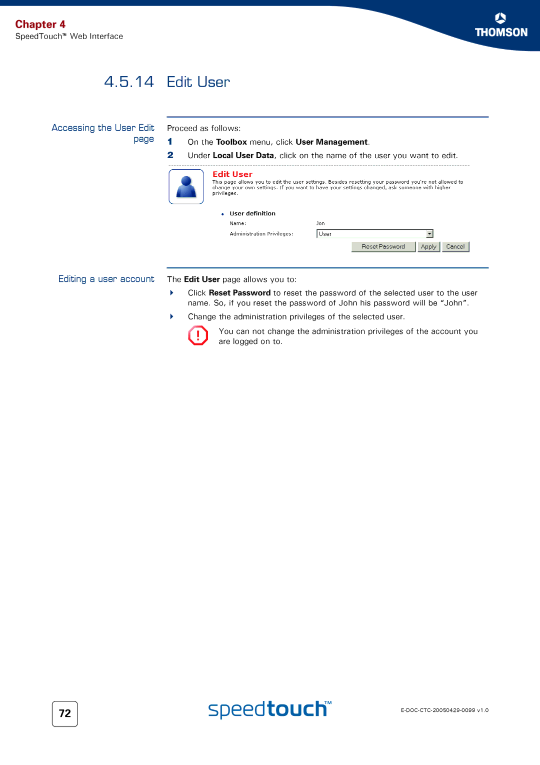 RCA 536 manual Edit User, Accessing the User Edit Editing a user account, On the Toolbox menu, click User Management 