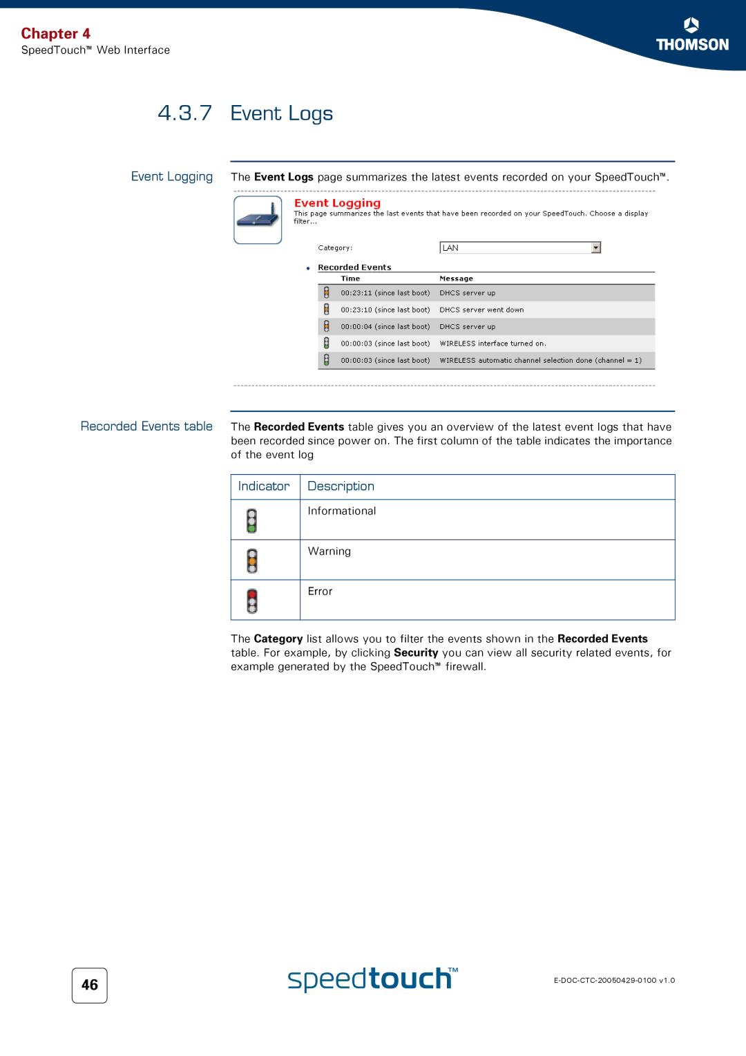 RCA 546 manual Event Logs, Indicator Description 