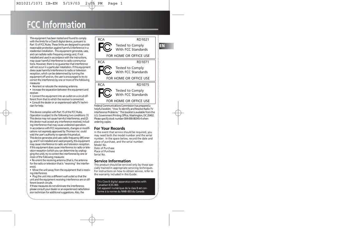 RCA 5567206A warranty FCC Information, For Your Records, Service Information 