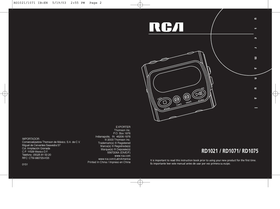 RCA 5567206A warranty RD1021 / RD1071/ RD1075 