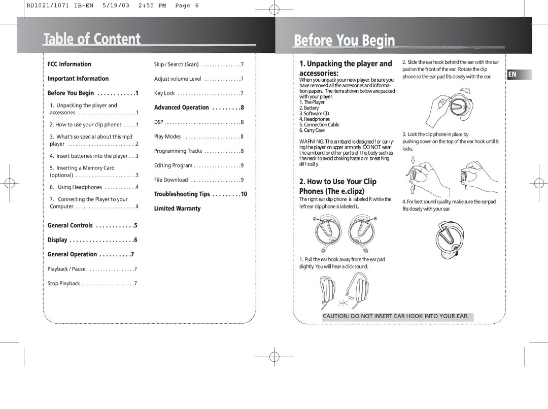 RCA 5567206A warranty Table of Content, Unpacking the player and accessories, How to Use Your Clip Phones The e.clipz 