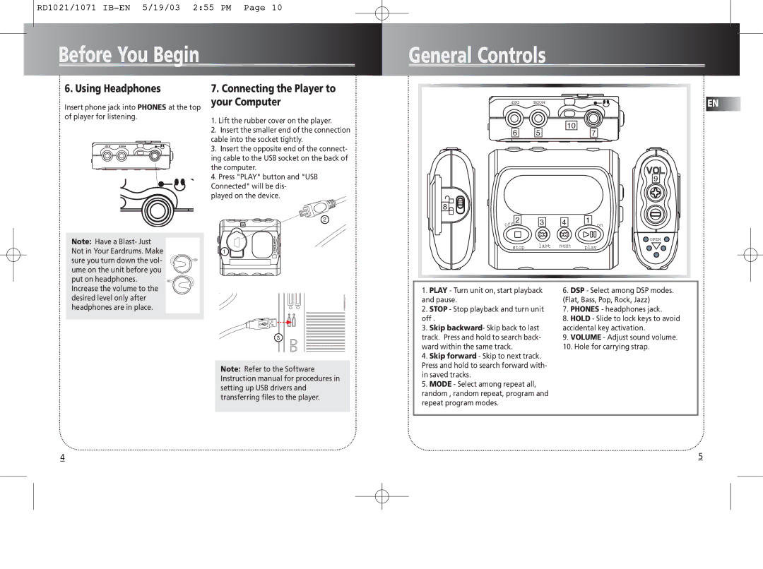 RCA 5567206A warranty Before You Begin General Controls, Using Headphones, Connecting the Player to your Computer 