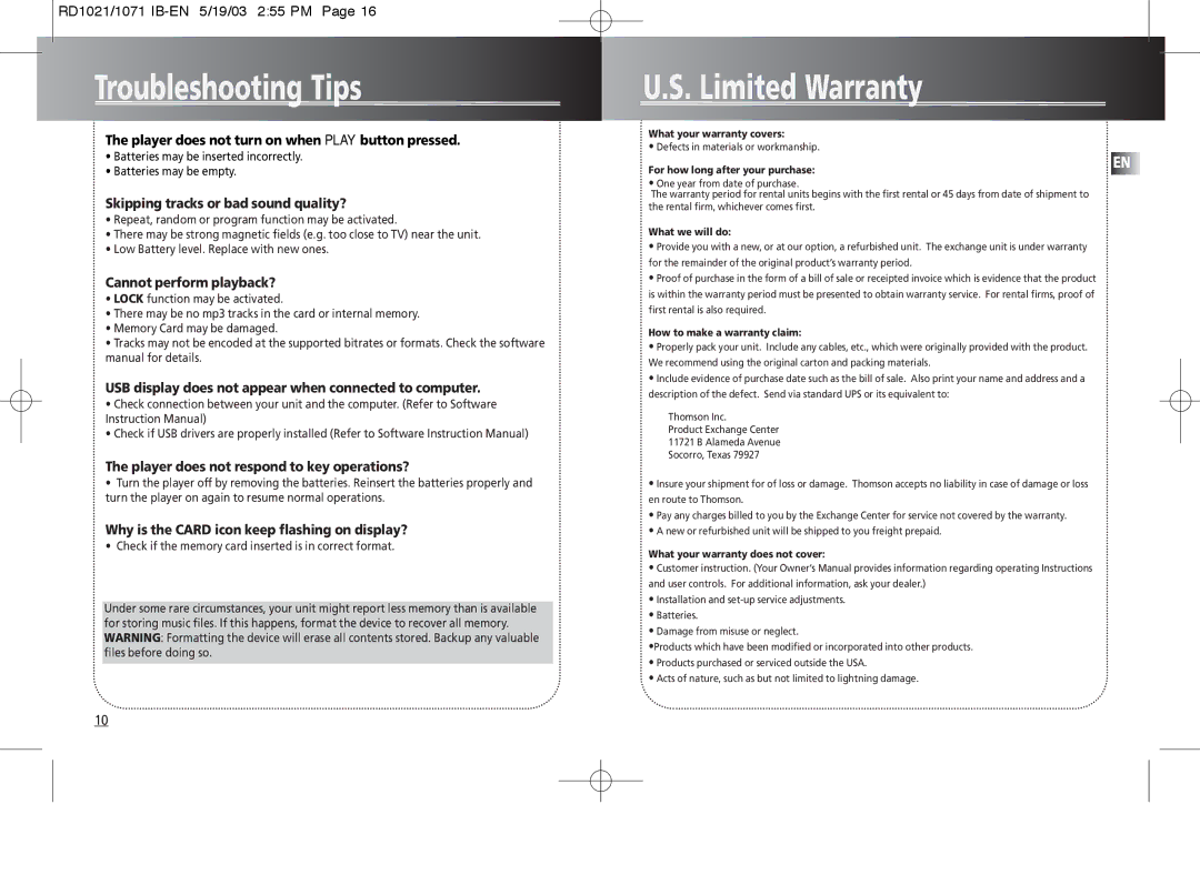 RCA 5567206A Troubleshooting Tips, Limited Warranty, Skipping tracks or bad sound quality?, Cannot perform playback? 