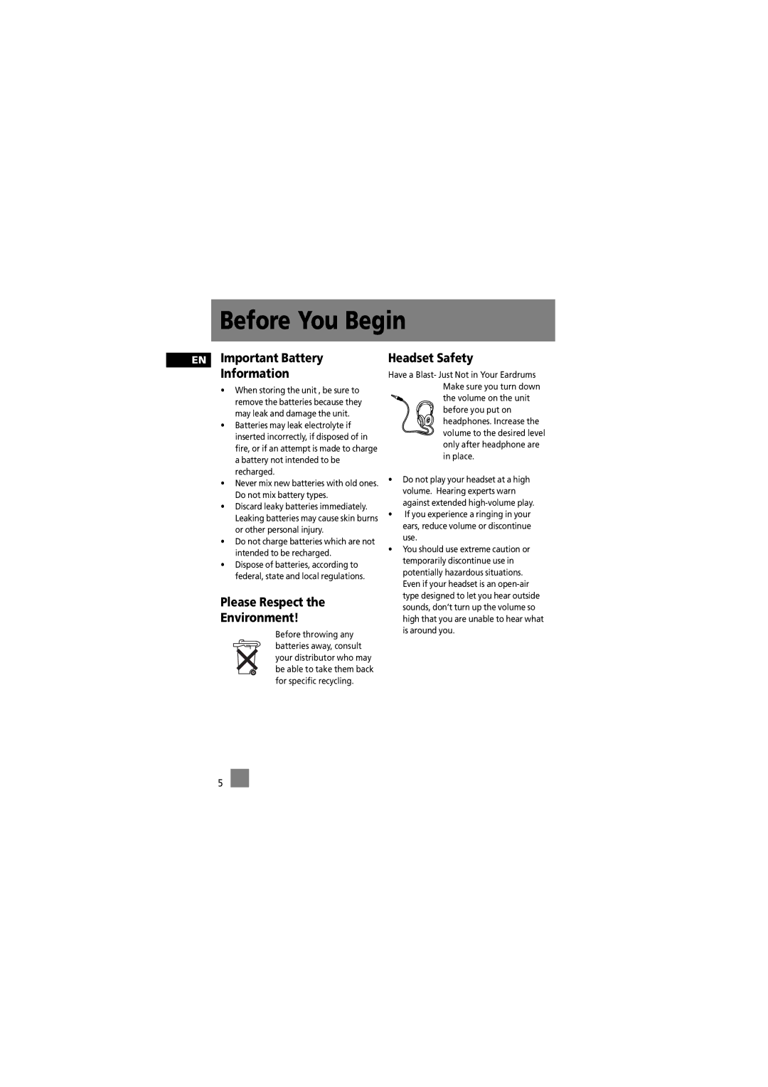 RCA 5588825C manual EN Important Battery Information, Please Respect Environment, Headset Safety 