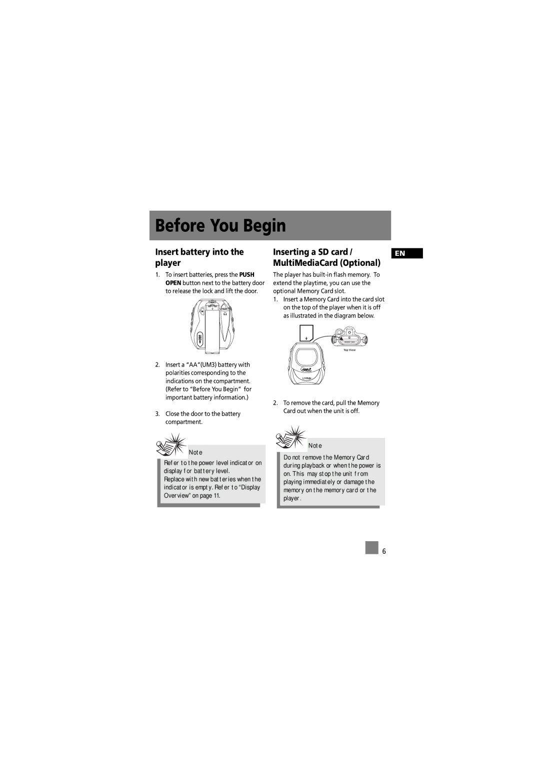 RCA 5588825C manual Insert battery into the player, Inserting a SD card MultiMediaCard Optional 