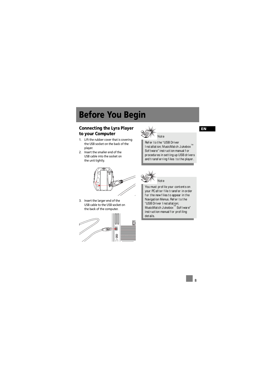 RCA 5588825C manual Connecting the Lyra Player to your Computer 