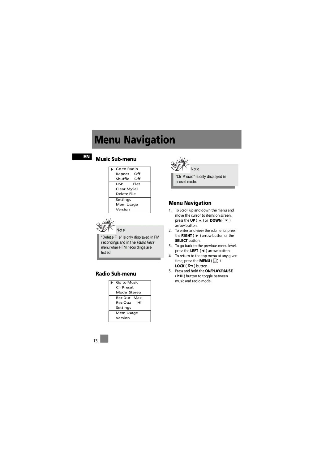 RCA 5588825C manual Radio Sub-menu, Menu Navigation, Music Sub-menu 