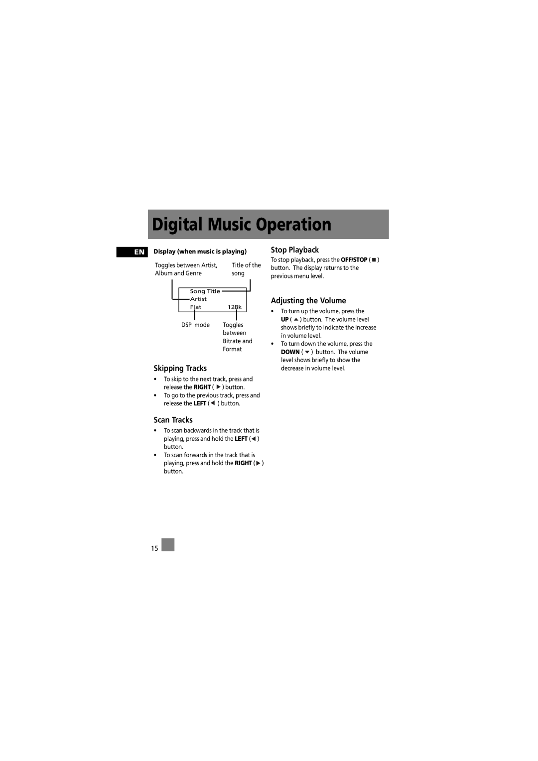 RCA 5588825C manual Skipping Tracks, Scan Tracks, Stop Playback, Adjusting the Volume 