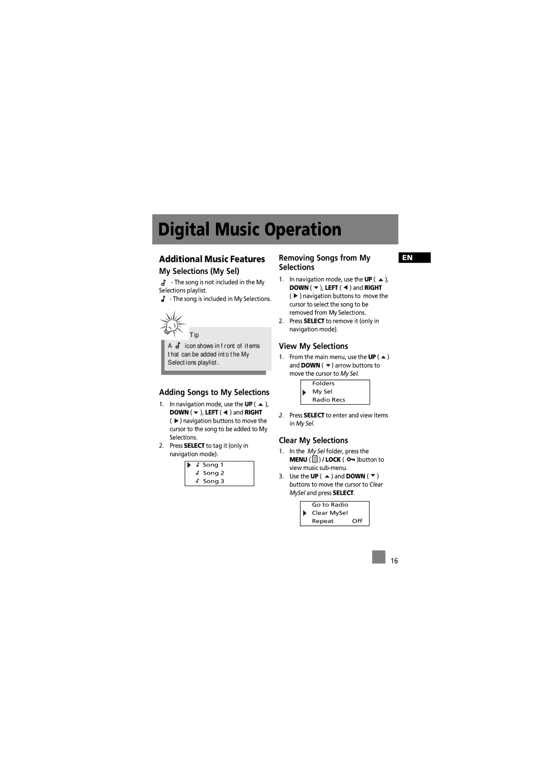 RCA 5588825C manual Additional Music Features, My Selections My Sel, Removing Songs from My Selections, View My Selections 