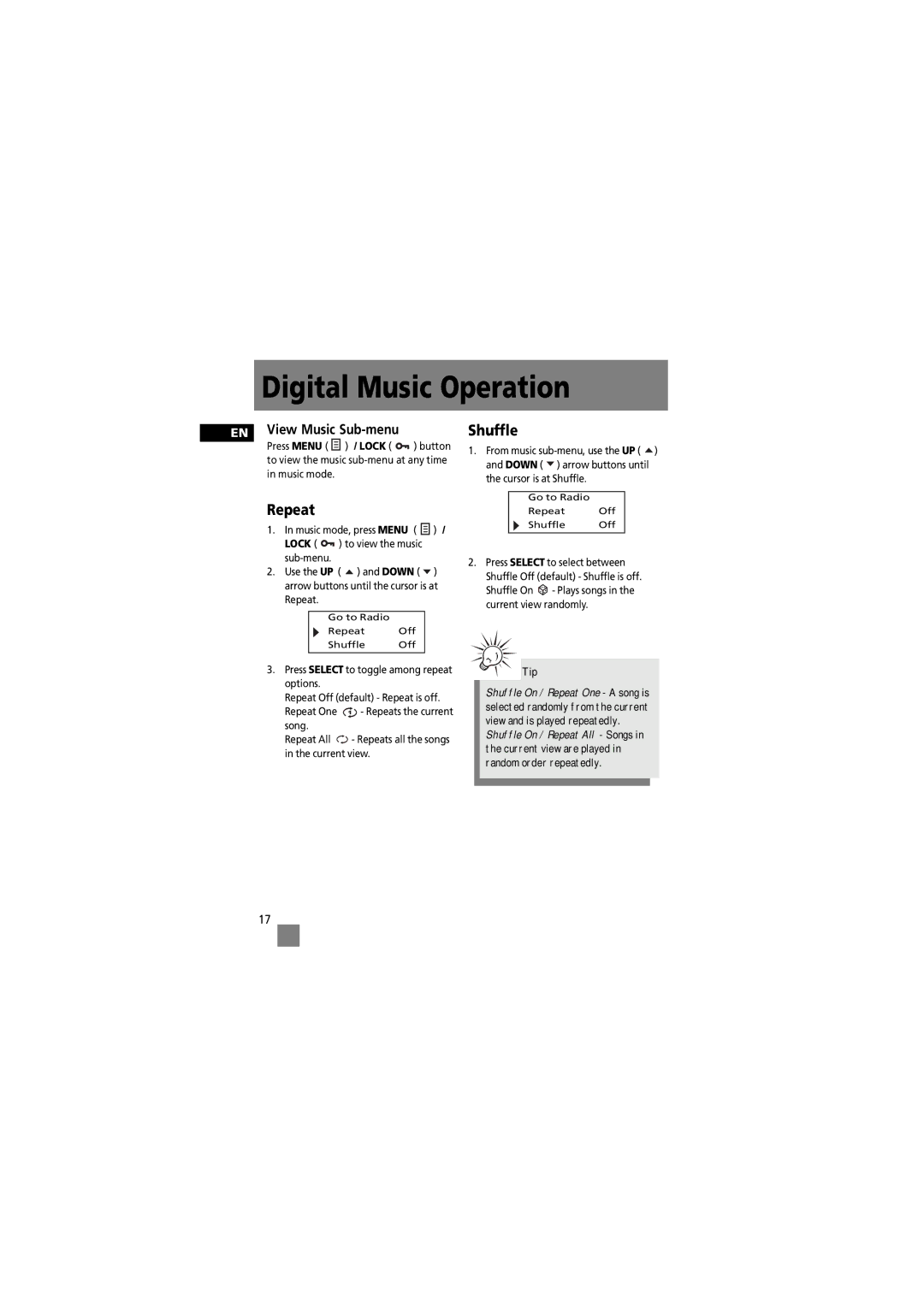 RCA 5588825C manual Repeat, Shuffle, EN View Music Sub-menu 