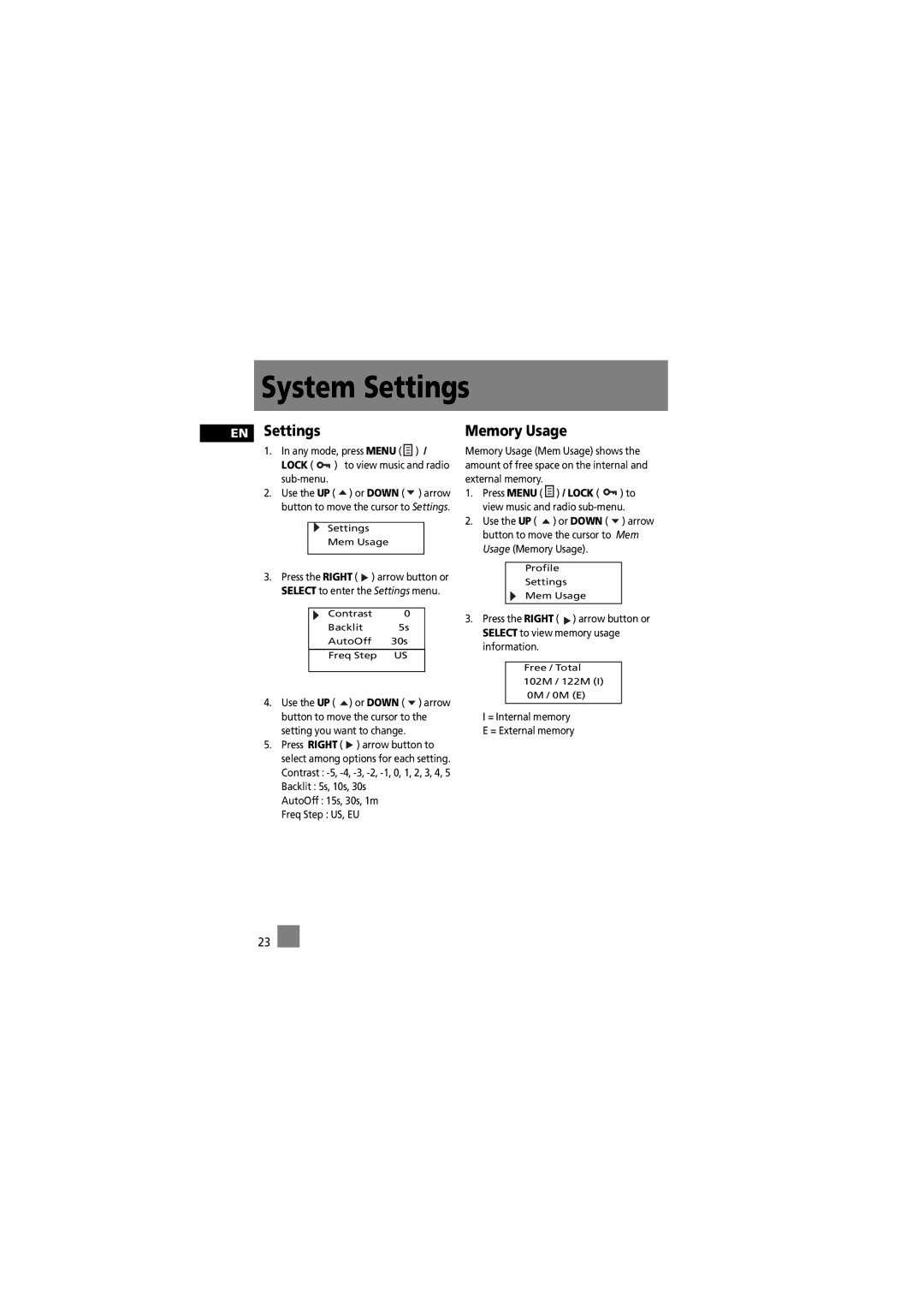 RCA 5588825C manual System Settings, EN Settings, Memory Usage 