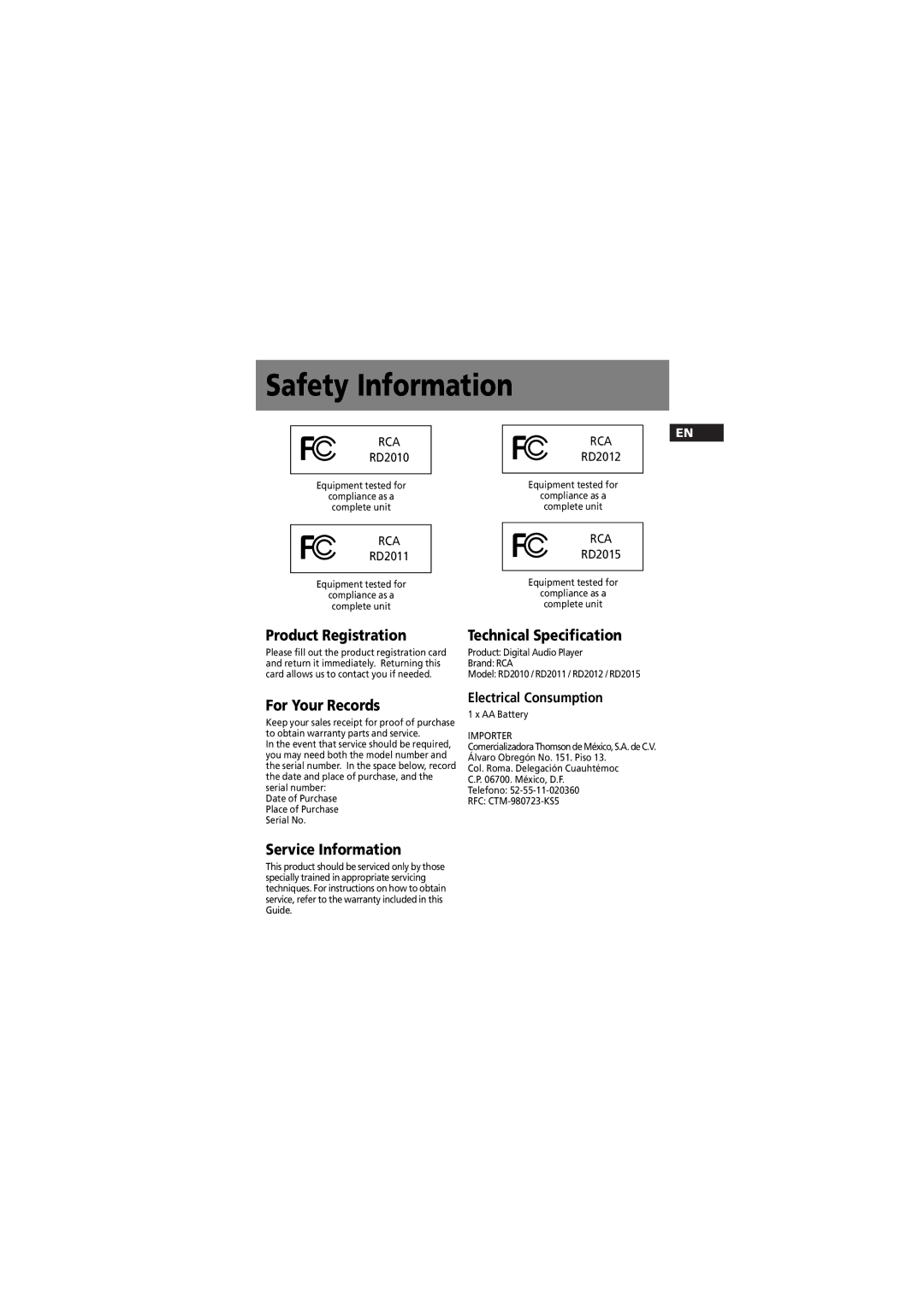 RCA 5588825C Safety Information, Product Registration, Technical Specification, For Your Records, Service Information 