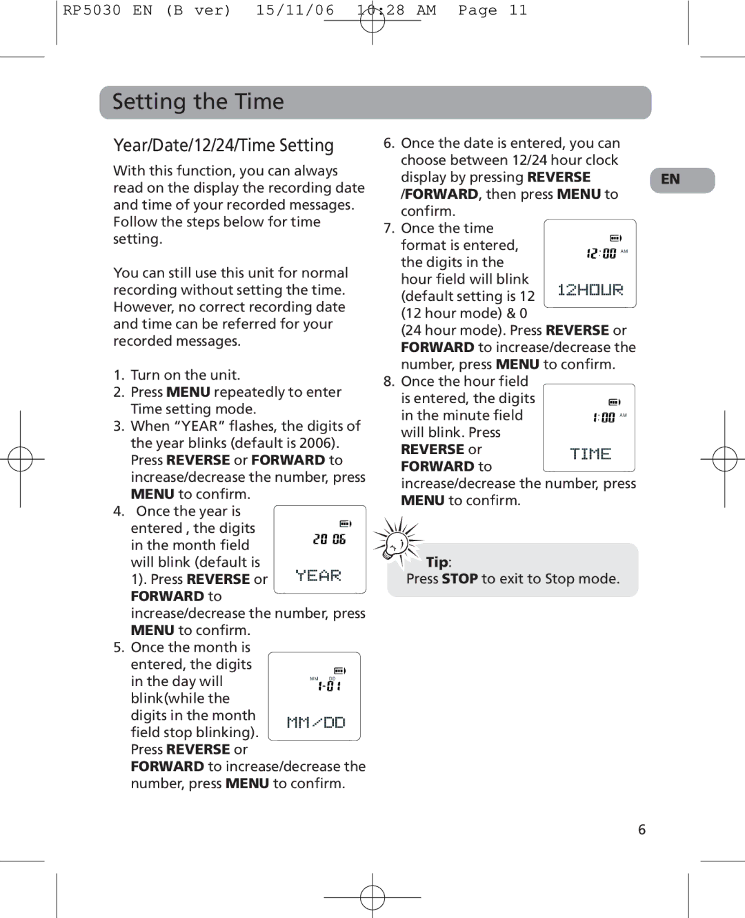 RCA 5629403B user manual Setting the Time, Year/Date/12/24/Time Setting, Tip 