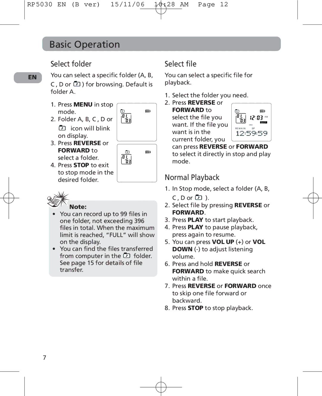 RCA 5629403B user manual Basic Operation, Select folder, Select file, Normal Playback, Forward to 