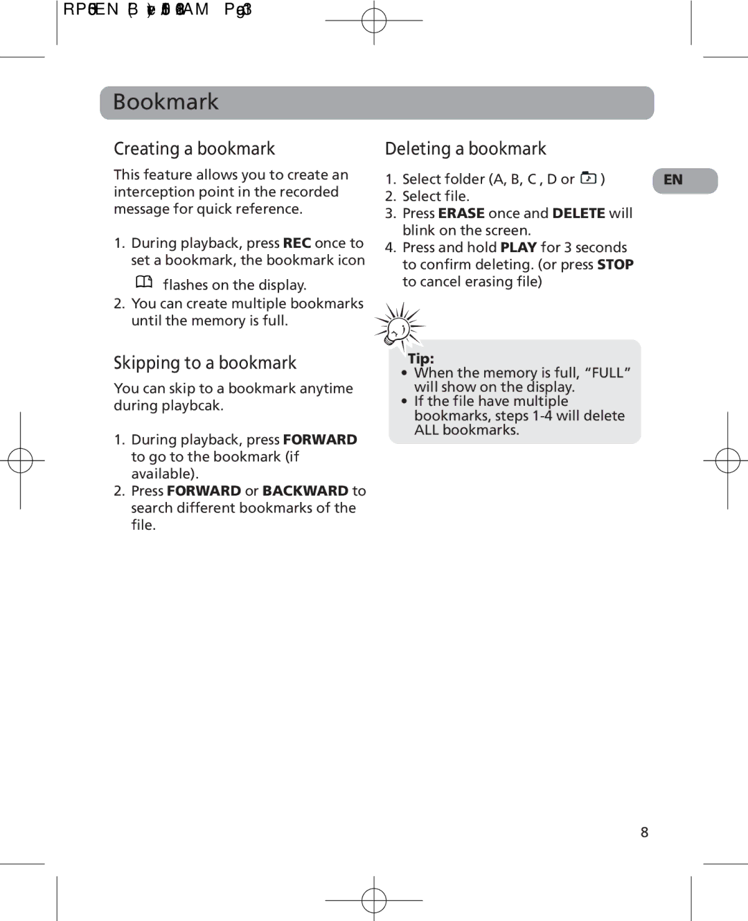 RCA 5629403B Bookmark, Creating a bookmark, Skipping to a bookmark, Deleting a bookmark, Select folder A, B, C , D or 