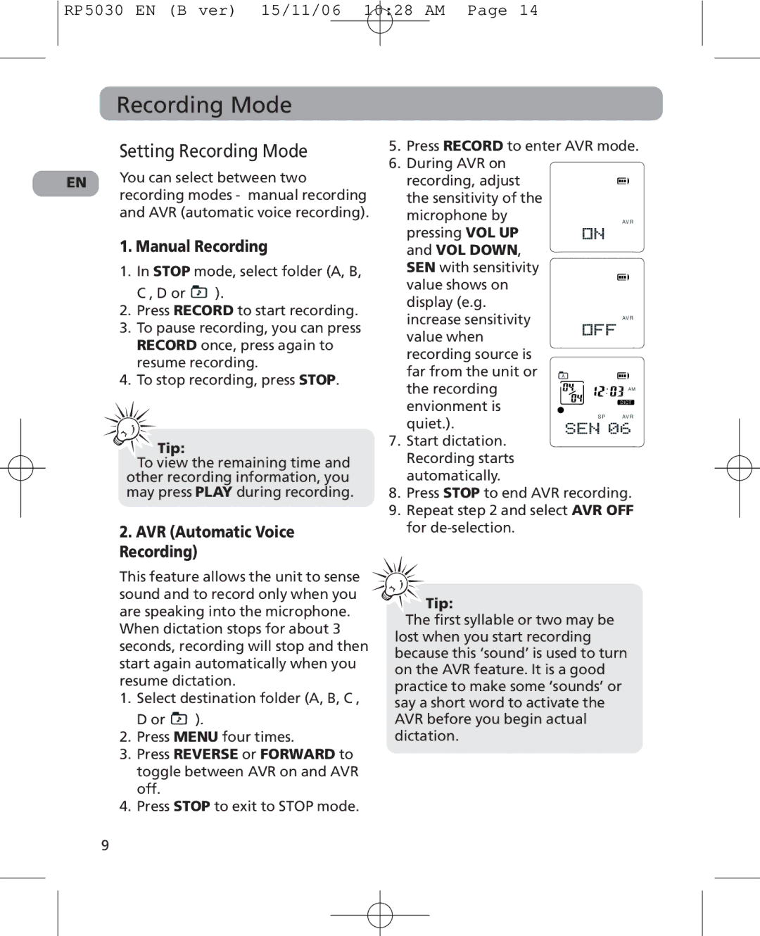 RCA 5629403B user manual Setting Recording Mode, You can select between two, VOL Down 