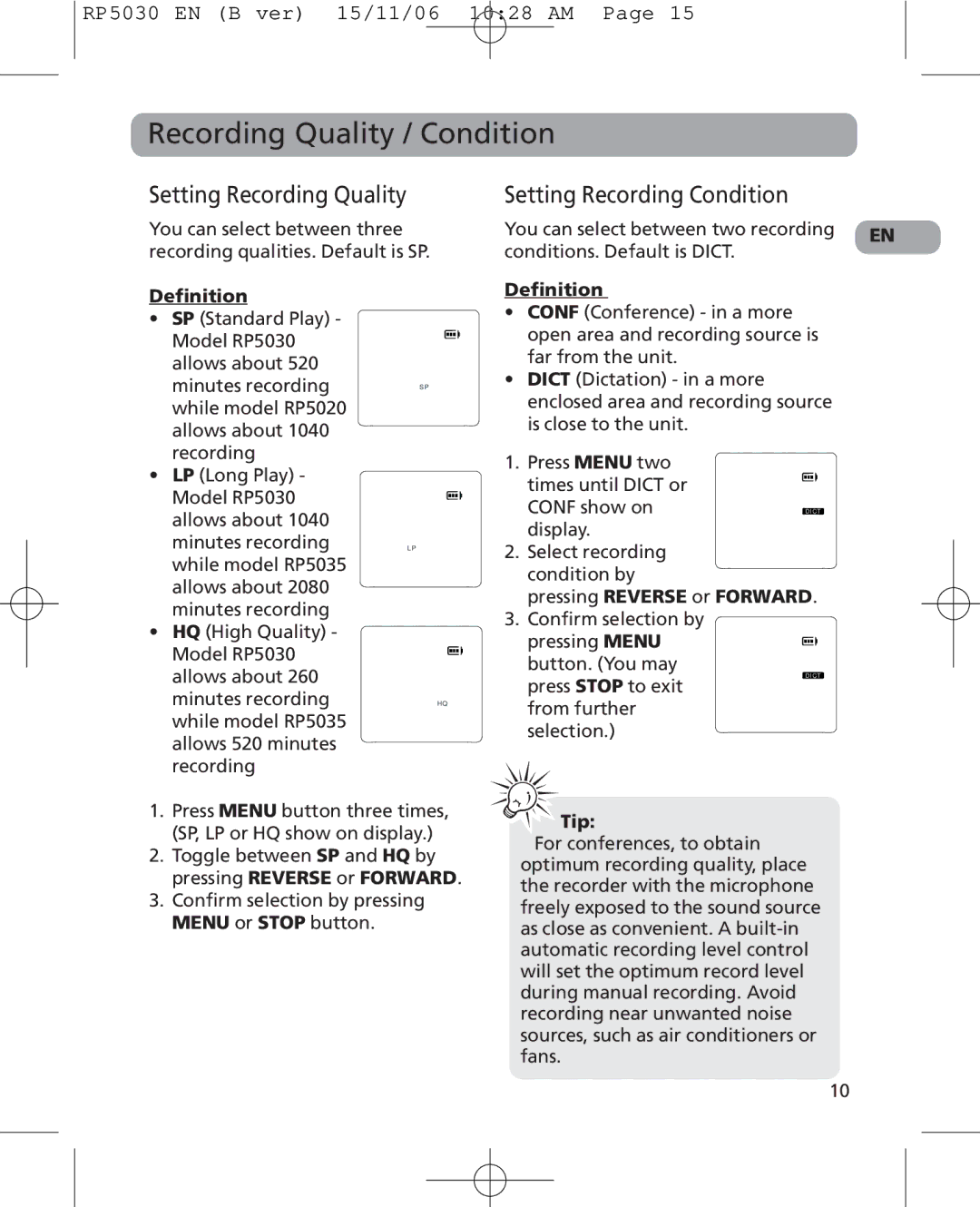 RCA 5629403B user manual Recording Quality / Condition, Setting Recording Quality, Setting Recording Condition 