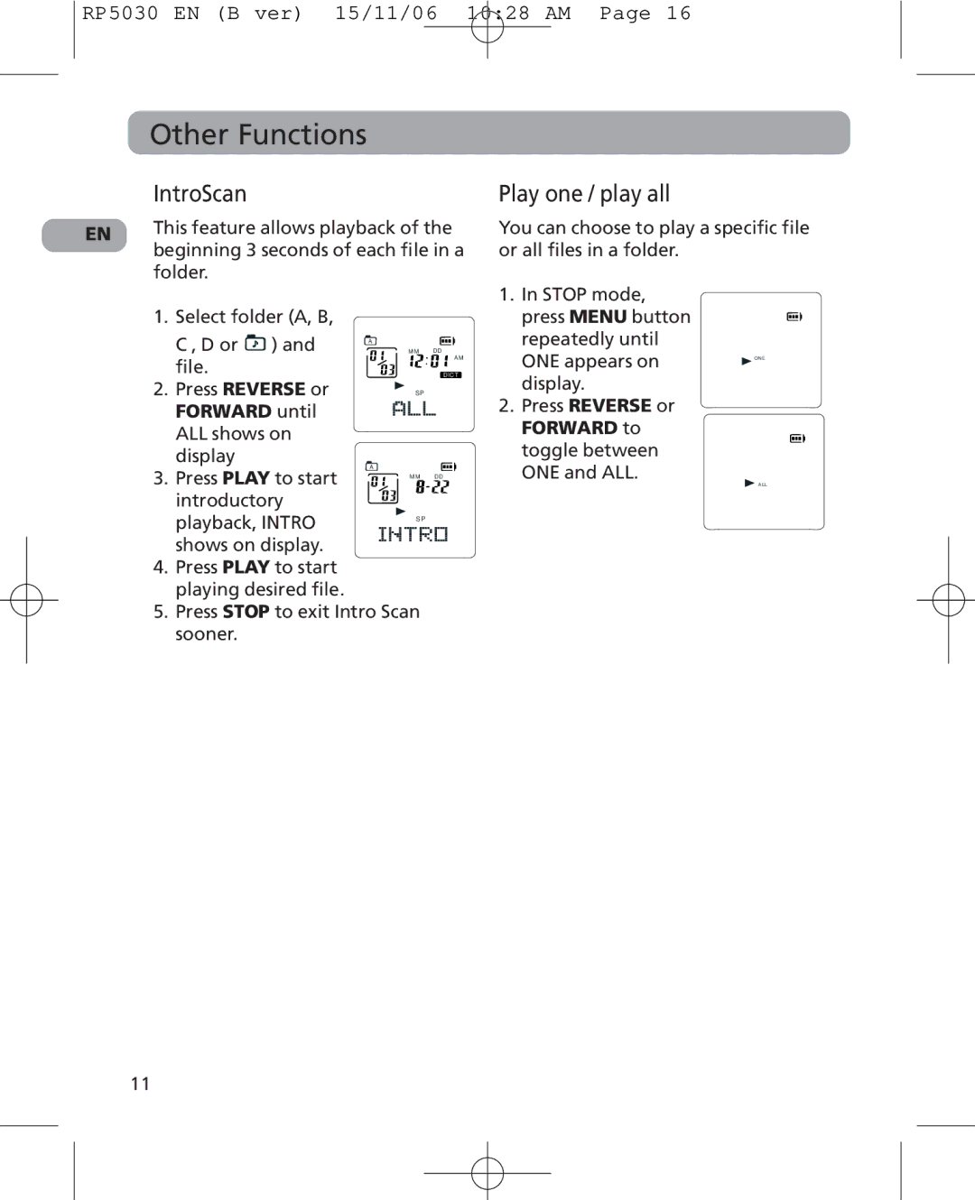 RCA 5629403B user manual Other Functions, IntroScan, Play one / play all, Forward until 