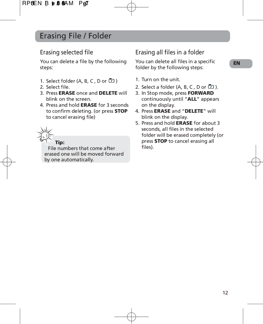 RCA 5629403B user manual Erasing File / Folder, Erasing selected file, Erasing all files in a folder 