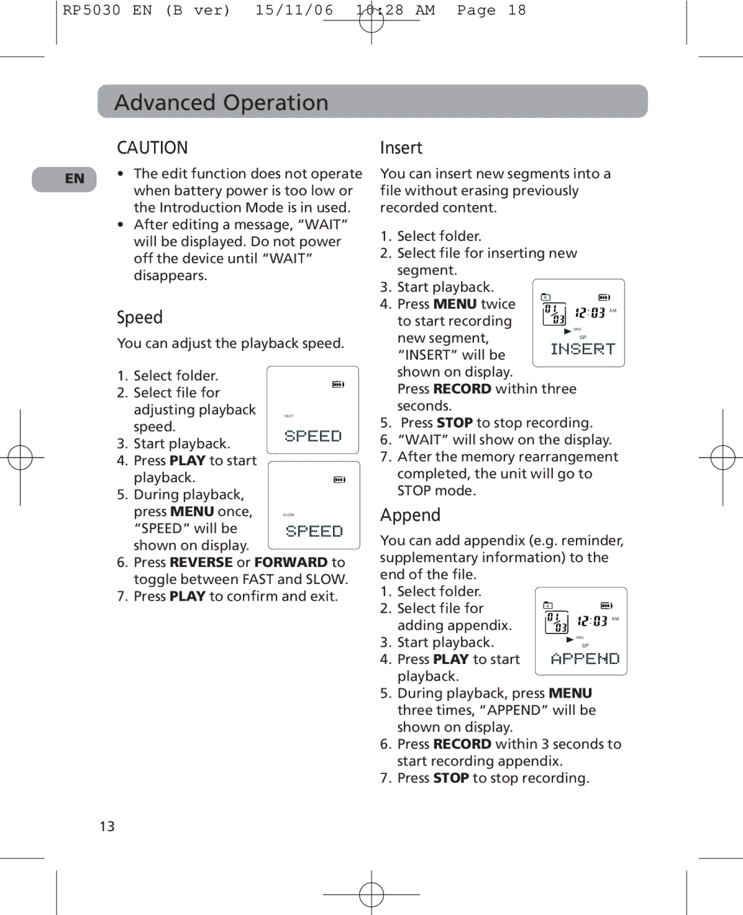 RCA 5629403B user manual Advanced Operation, Speed, Insert, Append 