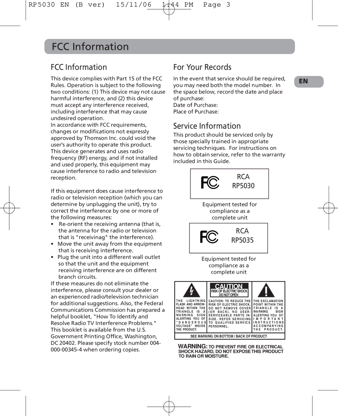 RCA 5629403B user manual FCC Information, For Your Records, Service Information 