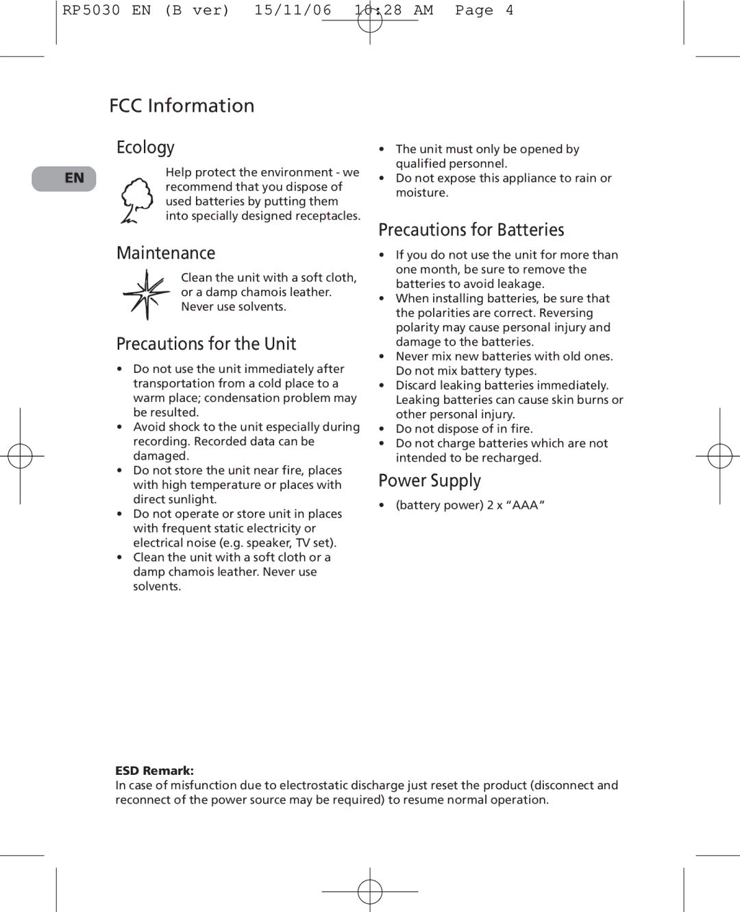 RCA 5629403B user manual Ecology, Maintenance, Precautions for the Unit, Precautions for Batteries, Power Supply 