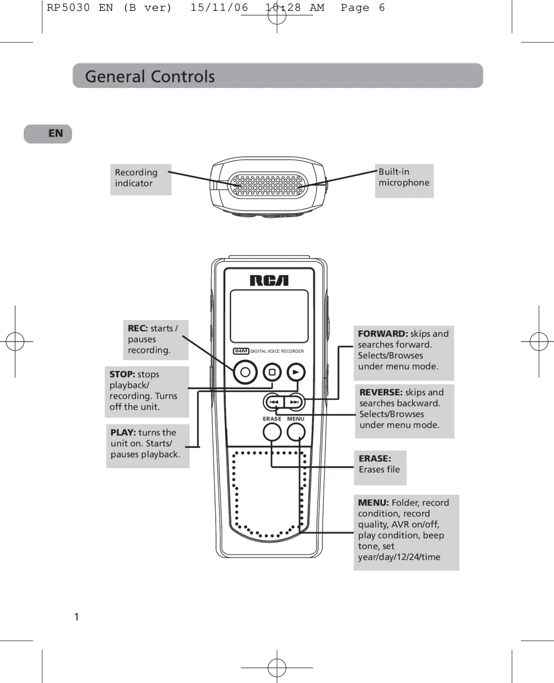 RCA 5629403B user manual General Controls, Erase 