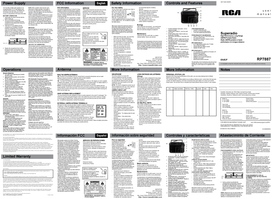 RCA 8280, 5637 user manual Service, BUILT-IN AM/FM Antennas, Whip Antenna Replacement, Headphone, Users Check List 