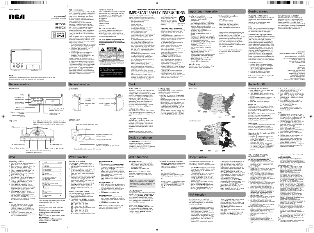 RCA 519A, 5643 user manual Important information Getting started, RP5500i, RP5502i, General controls Clock Radio & USB 