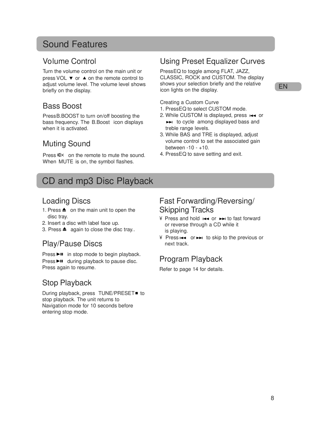 RCA 5643738A user manual Sound Features, CD and mp3 Disc Playback 