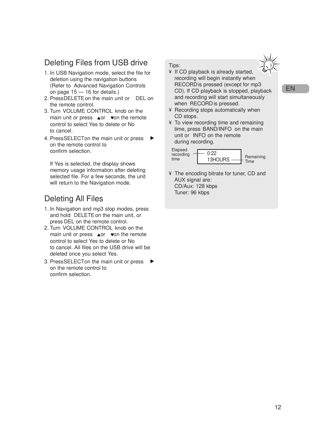 RCA 5643738A user manual Deleting Files from USB drive, Deleting All Files, Tips 