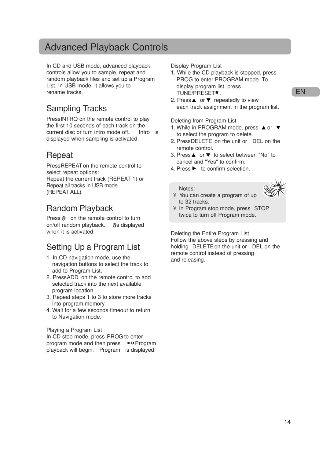 RCA 5643738A user manual Advanced Playback Controls, Sampling Tracks, Repeat, Random Playback, Setting Up a Program List 