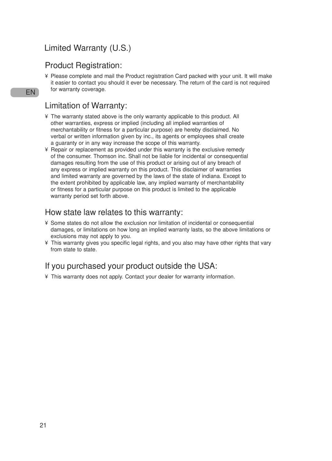 RCA 5643738A Limited Warranty U.S Product Registration, Limitation of Warranty, How state law relates to this warranty 