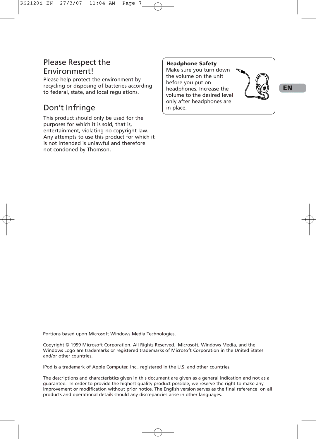 RCA 5643738A user manual Please Respect Environment, Don’t Infringe, Headphone Safety 