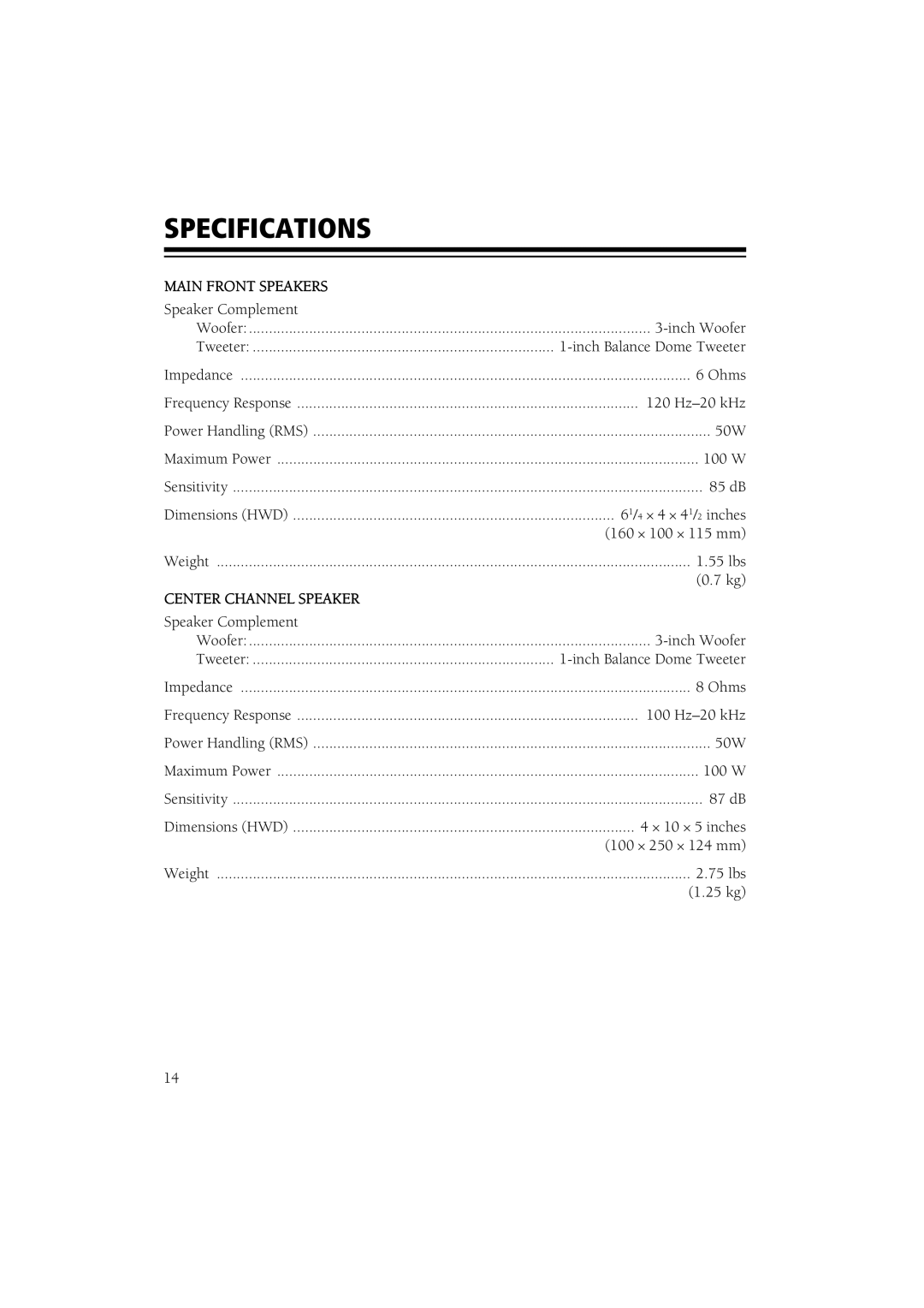 RCA 6-Piece Home Theater Speaker Package owner manual Specifications, Main Front Speakers 