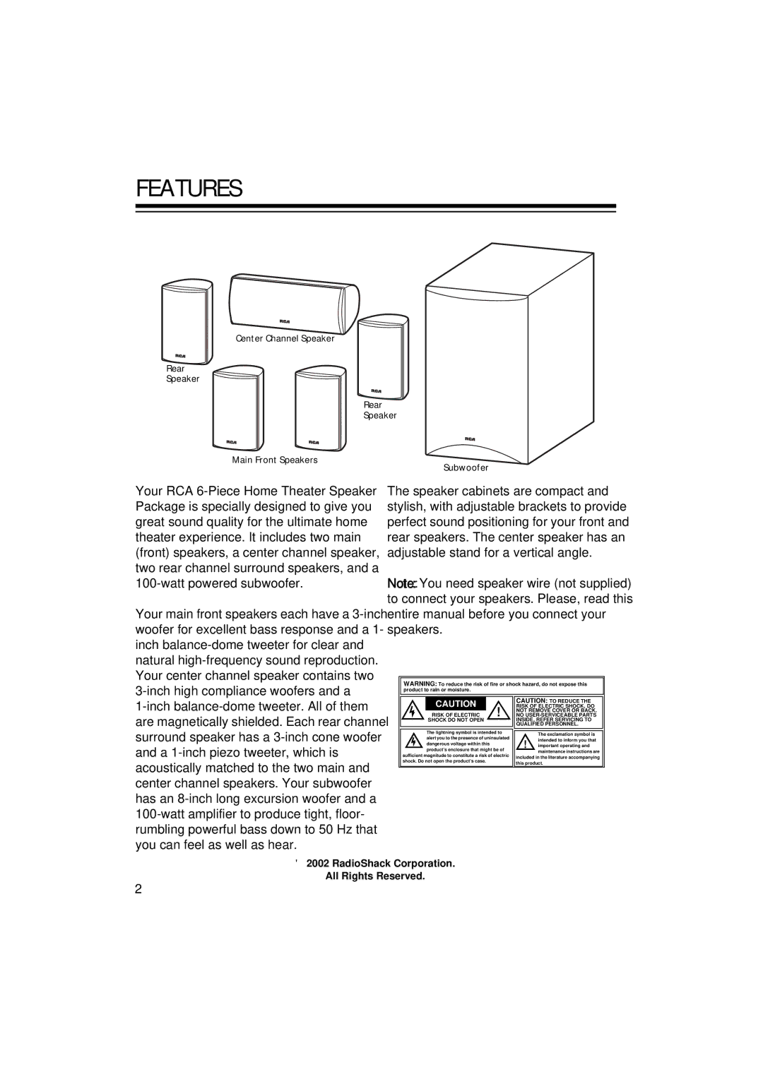 RCA 6-Piece Home Theater Speaker Package owner manual Features, Product’s enclosure that might be 