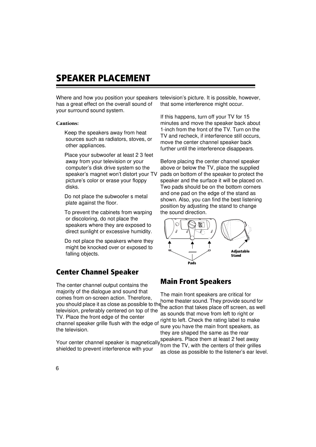 RCA 6-Piece Home Theater Speaker Package owner manual Speaker Placement, Center Channel Speaker 