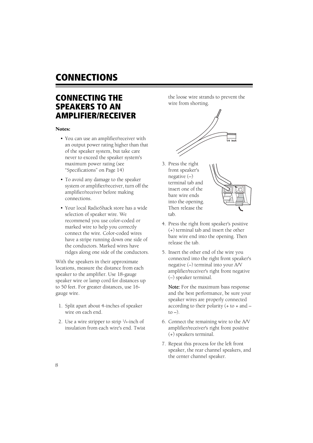 RCA 6-Piece Home Theater Speaker Package owner manual Connections, Connecting the Speakers to AN AMPLIFIER/RECEIVER 