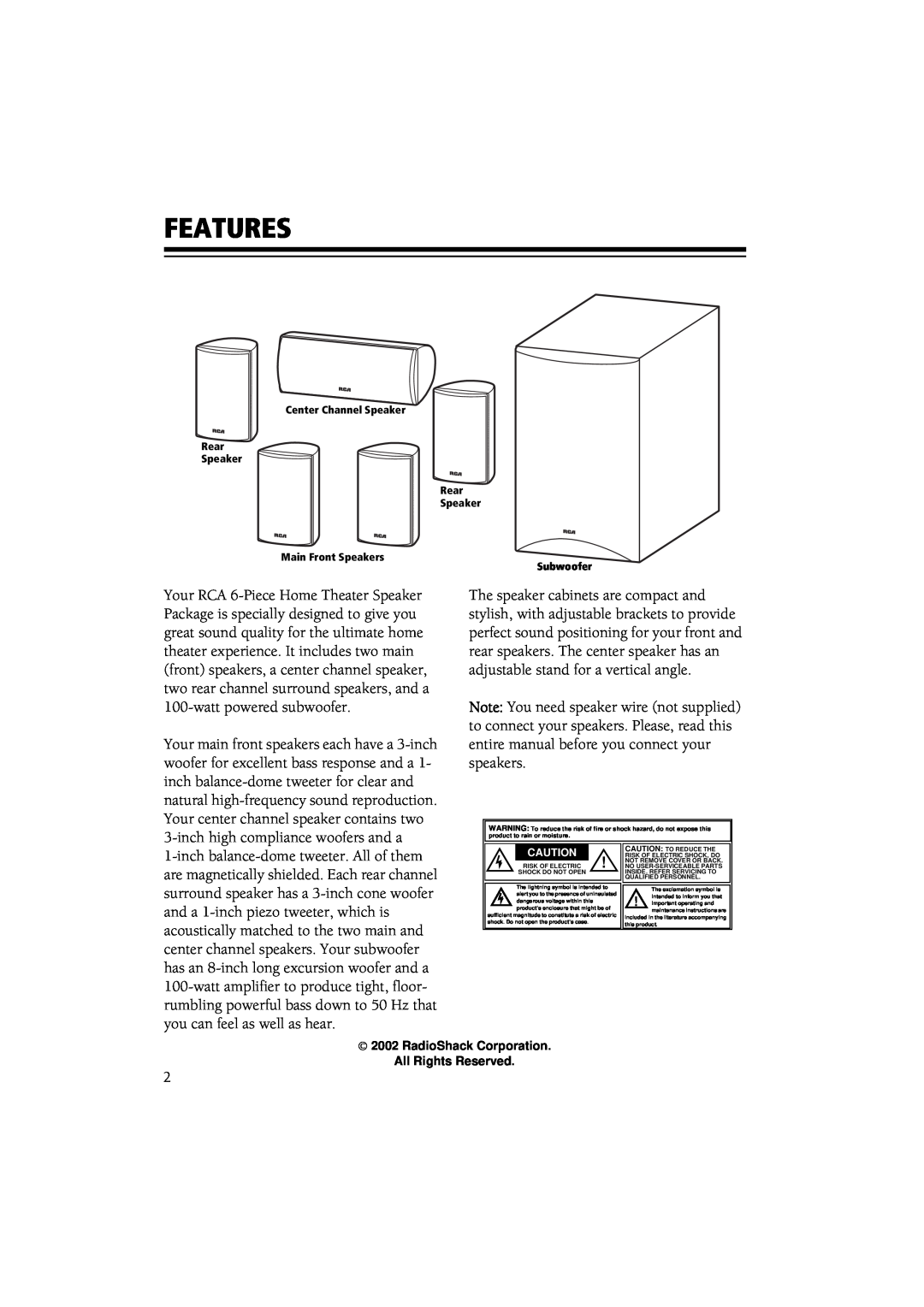 RCA 6-Piece Home Theater Speaker Package owner manual Features 