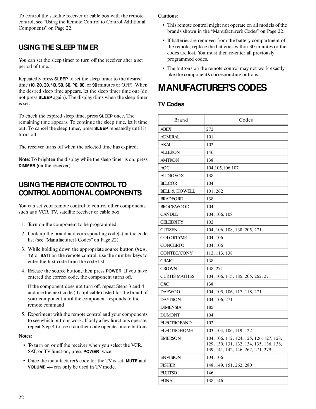 RCA 600-Watt manual MANUFACTURER’S Codes, Using the Sleep Timer, TV Codes 