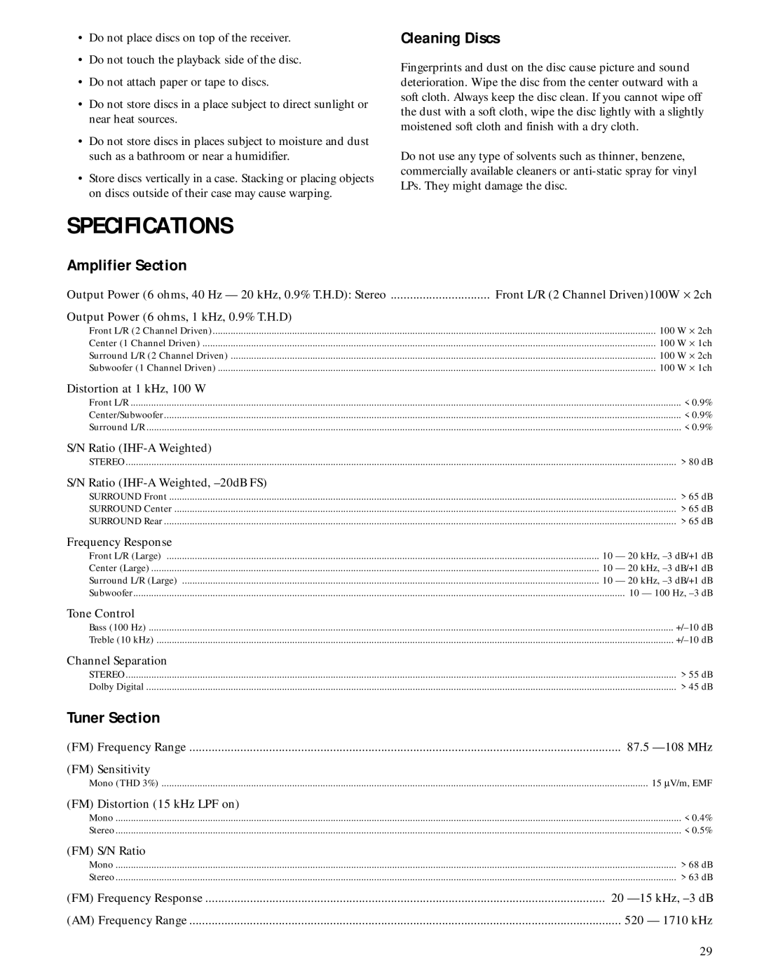 RCA 600-Watt manual Specifications, Cleaning Discs, Amplifier Section, Tuner Section 