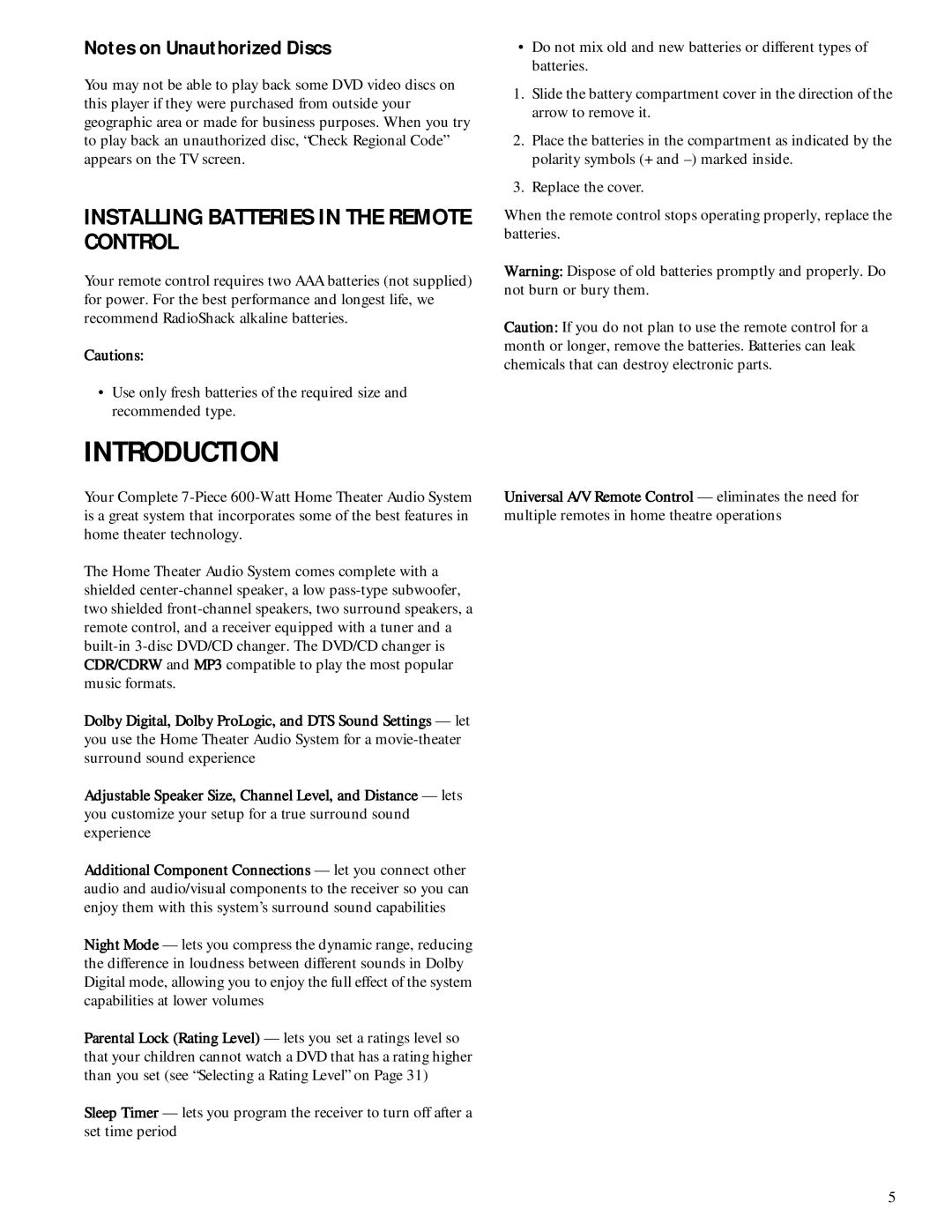 RCA 600-Watt manual Introduction, Installing Batteries in the Remote Control 
