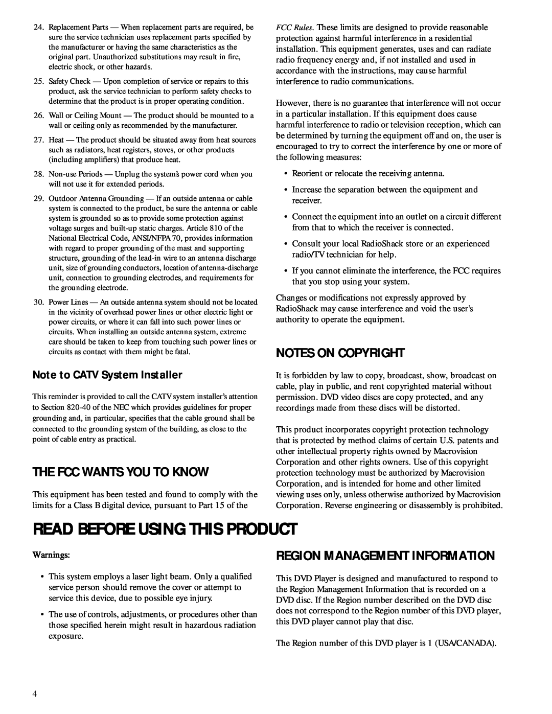 RCA 600-Watt Read Before Using This Product, The Fcc Wants You To Know, Notes On Copyright, Region Management Information 