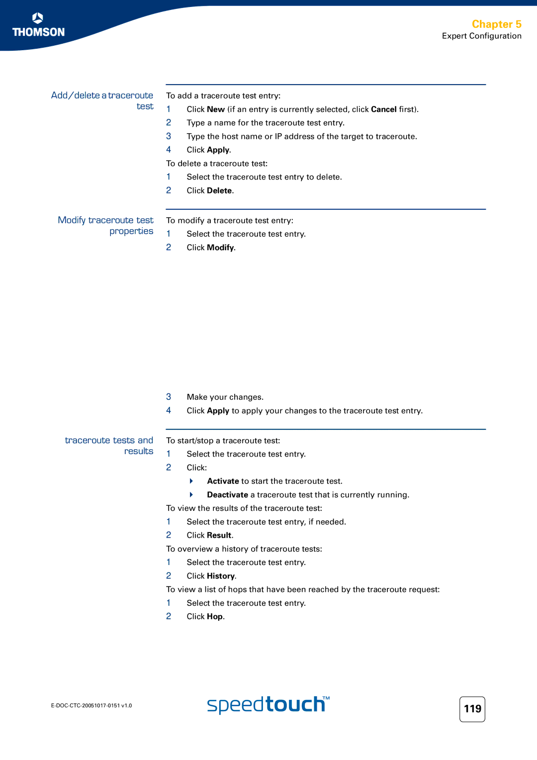 RCA 620, 608WL, 605 manual Add/delete a traceroute test, Modify traceroute test, Properties, Traceroute tests and results 